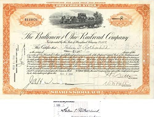 Baltimore ve Ohio Demiryolu A. Ş. Helen T. Rothschild tarafından verilmiş ve imzalanmış - Stok Sertifikası