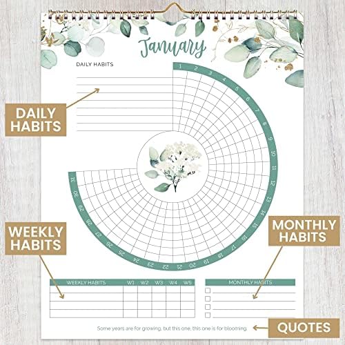 bloom günlük planlamacıları Asılı Alışkanlık İzleme Takvimi-Günlük, Haftalık ve Aylık Hedefler için Tarihsiz 12 Aylık