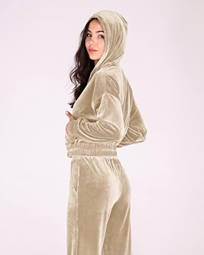 ODODOS kadın Kadife Eşofman 2 Parça Kıyafetler Uzun Kollu Kırpılmış fermuarlı kapüşonlu svetşört ve eşofman altları