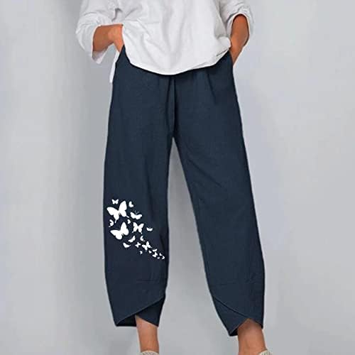 Keten Pantolon Kadınlar için 2023 Yaz Geniş Bacak Elastik Bel Pantolon Çiçek Gevşek Fit Plaj Kırpılmış Pantolon Baggy