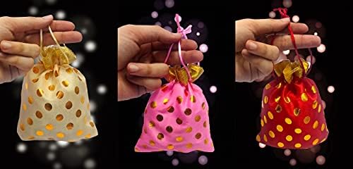 SATVİK 12 Adet Hint Tasarımcı büyük kullanımlık tatil Noel Hediye Paketleme çantaları Potli Organze Kılıfı, Favor