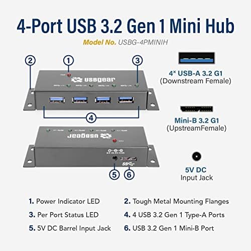 USBGear 4 Portlu USB 3.2 Gen 1 Mini Yüksek Güçlü Hub w/Bağlantı Noktası Durum LED'leri