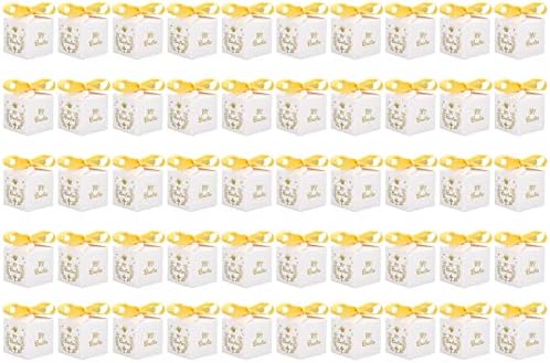 50 adet Parti Favor Kutuları Düğün Favor Kutuları Kağıt Malzeme Mi Bautizo Desen Donatılmış Altın Şerit Beyaz Düğün
