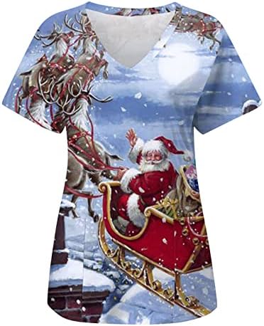 Noel Scrubs Kadınlar için Yumuşak Noel Scrubs cepli gömlek Kısa Kollu V Yaka İş Giysisi Sevimli Tatil Fırçalayın Üstleri