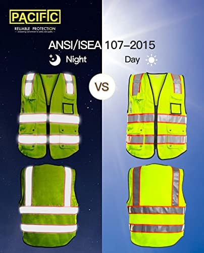 PACİFİC PPE 10 Cepler Yansıtıcı Şeritli Yüksek Görünürlüklü Fermuarlı Ön Güvenlik Yeleği, ANSI/ISEA Standardına Uygundur,