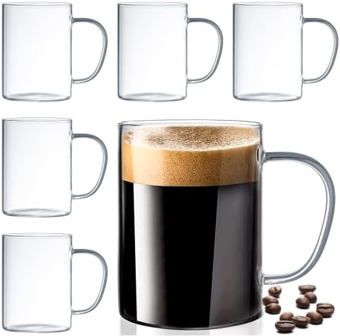 6 Set Ultra Dayanıklı Şık Cam Kahve kulplu kupalar, Şeffaf Borosilikat Cam Çay Fincanları, Cappuccino, Latte, Çay,