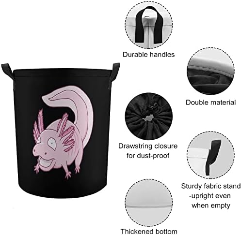 Pembe Axolotl çamaşır sepetleri Kolları ile Su Geçirmez Katlanabilir İpli Yuvarlak Giysi Sepetleri Depolama Organizatör