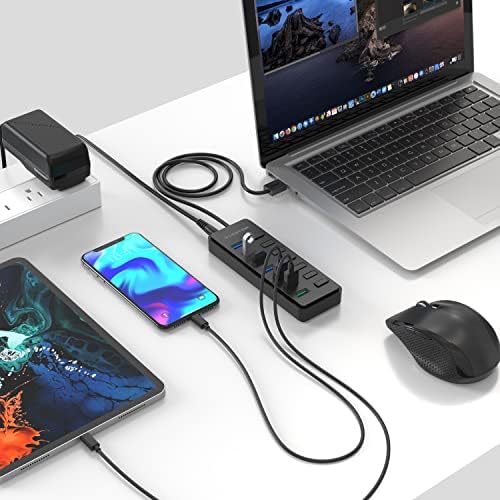 LENTİON Powered USB Hub 3.0, 7 Portlu Veri Ayırıcı, 3 Akıllı Şarj, Bireysel Açma/Kapama Anahtarları ve MacBook, Yüzey,