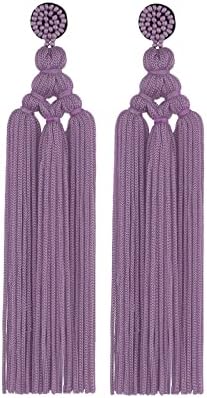 Bohemian Katmanlı Handwoven Uzun Fringe Püskül Dangle Küpe Kadınlar Kızlar için Boho Renkli Katmanlı İplik Boncuk