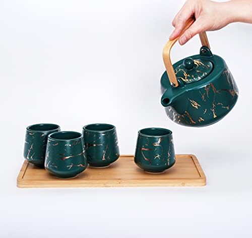 Fuji Ürünleri Mermer Tasarım Çay Servis Seti Ahşap Tepsi Seramik 37 fl oz Çaydanlık 4 Parçalı Porselen Çay Fincanları