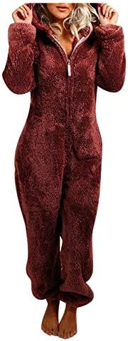Kadın Onesie Pijama Sherpa Jumpuit Kış Sıcak Polar fermuarlı kapüşonlu kıyafet Tek Parça Bodysuit Romper Termal Peluş