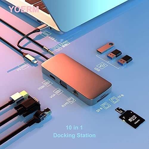 USB C Hub, USB C'den HDMI ve SD Kart Okuyucuya sahip 10'u 1 arada USB C Yerleştirme istasyonu, USB C'den 3,5 mm Ses